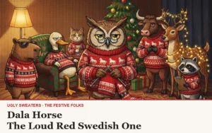 The Festive Folks cast, all wearing the Dala Horse knitted Christmas sweater, in a warm lamplit living room