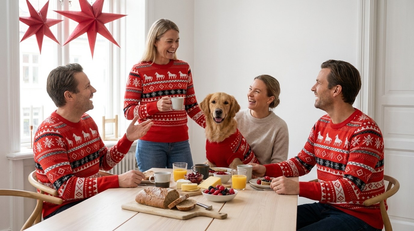 A Christmas brunch table with people wearing the Dala Horse knitted Christmas sweater, and a dog in the matching knitted pet sweater