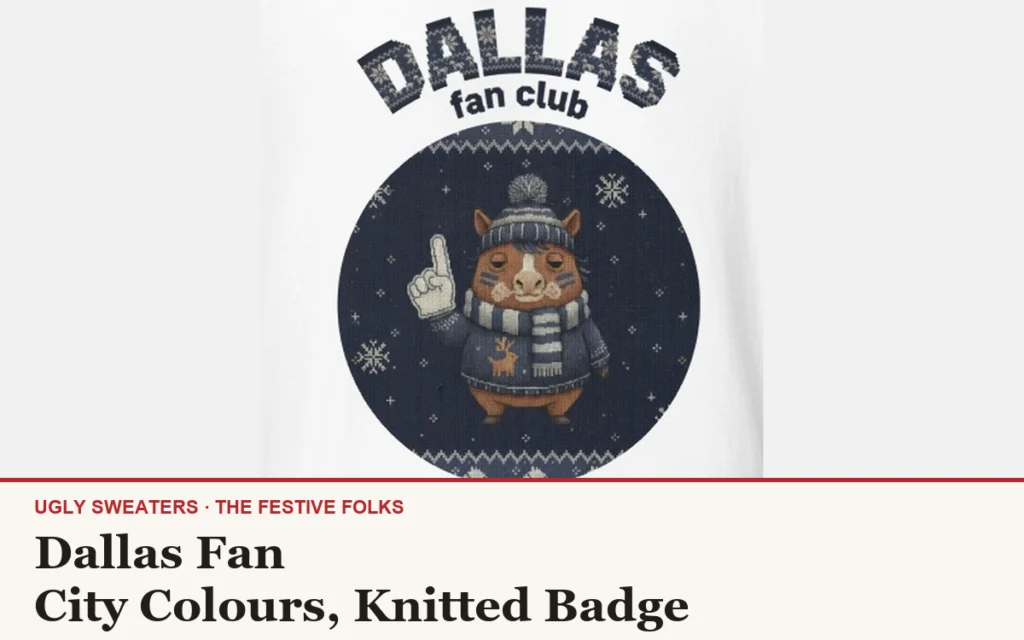 The Dallas Fan badge design, a deadpan little superfan in navy and silver with a pom-pom beanie, striped scarf and foam finger, on a knitted crest with DALLAS arched above