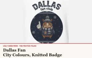 The Dallas Fan badge design, a deadpan little superfan in navy and silver with a pom-pom beanie, striped scarf and foam finger, on a knitted crest with DALLAS arched above