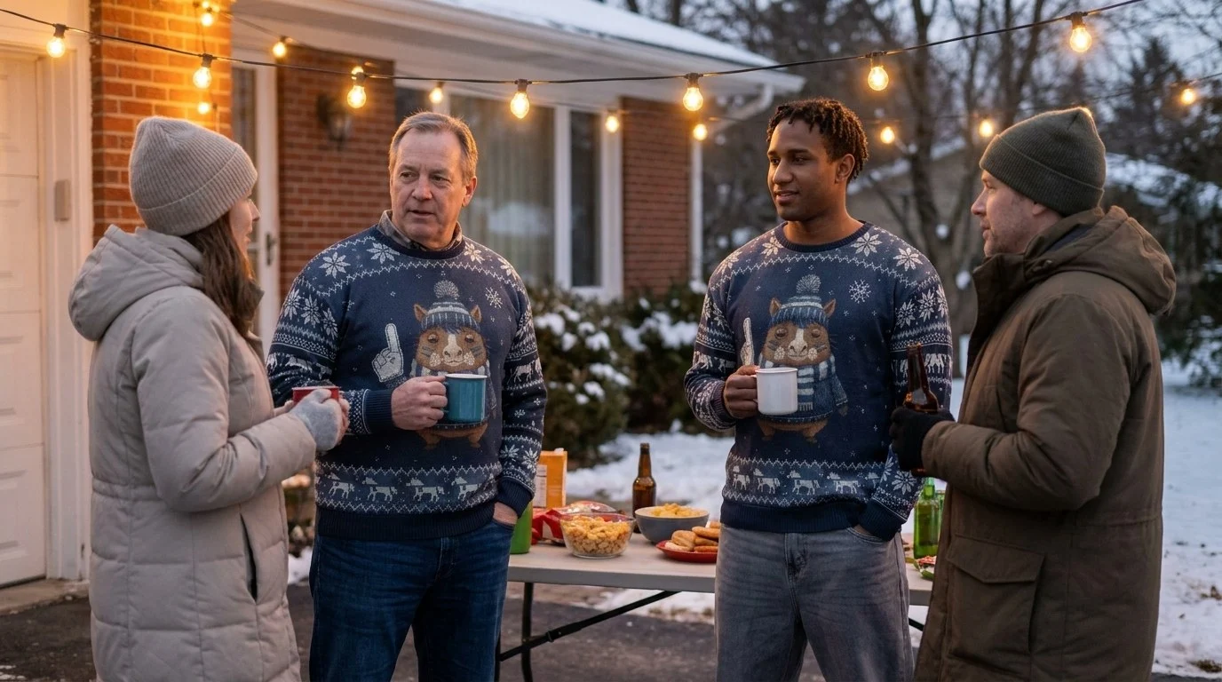 Friends at a driveway party in the snow, two of them wearing the Dallas Fan all-over-print sweatshirt