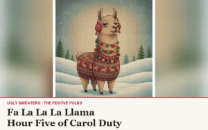 The Fa La La La Llama character design, a deadpan llama in earmuffs and a bead garland
