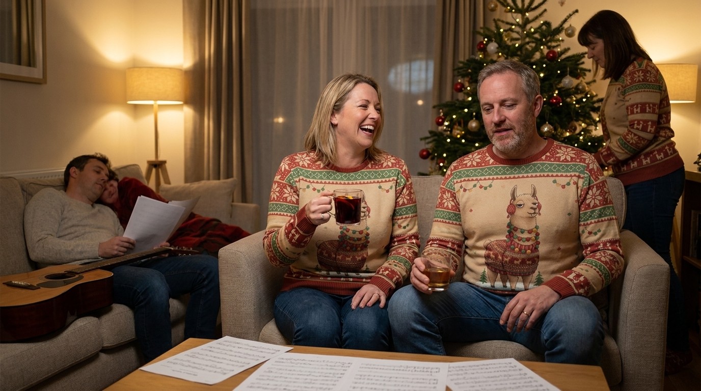 Friends on a sofa mid carol session, two of them wearing the Fa La La La Llama Christmas sweatshirt