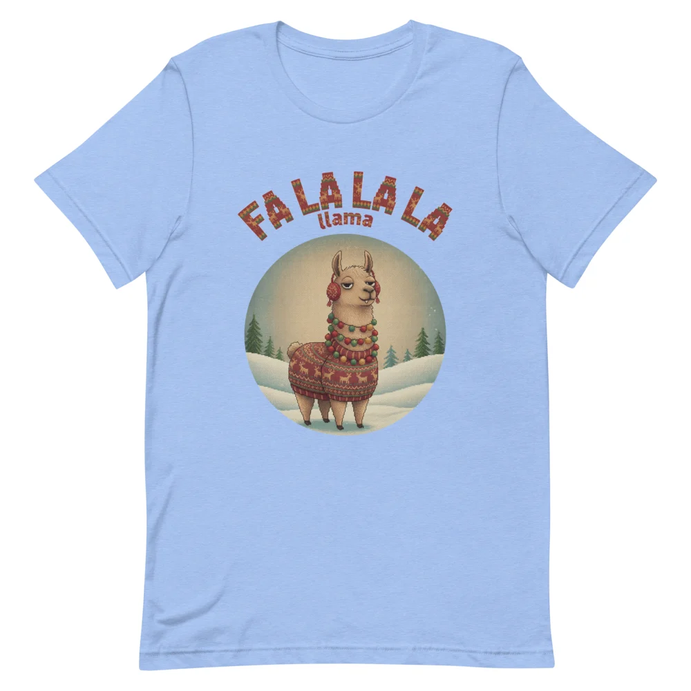 Fa La La La Llama Ugly Christmas Tee, Blue flat