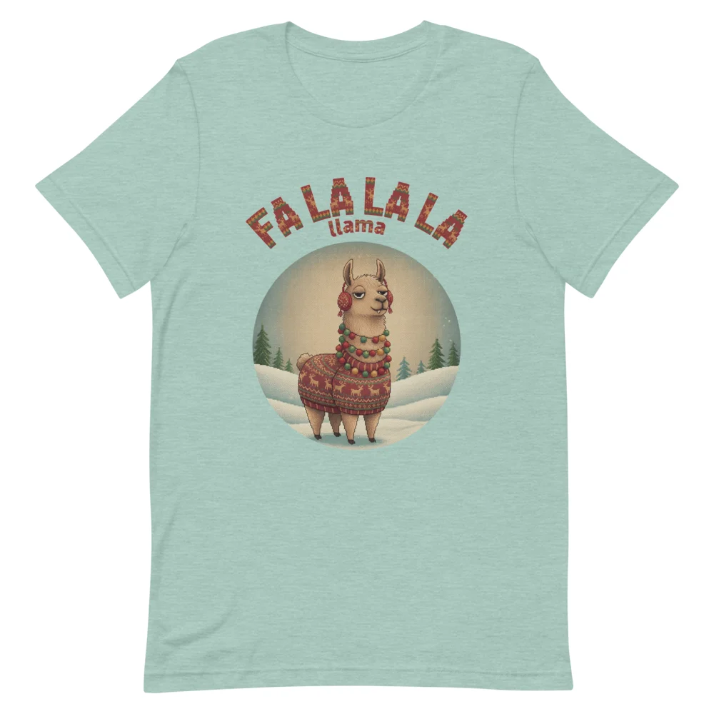 Fa La La La Llama Ugly Christmas Tee, Green flat