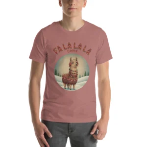 Fa La La La Llama Ugly Christmas Tee, Mauve model