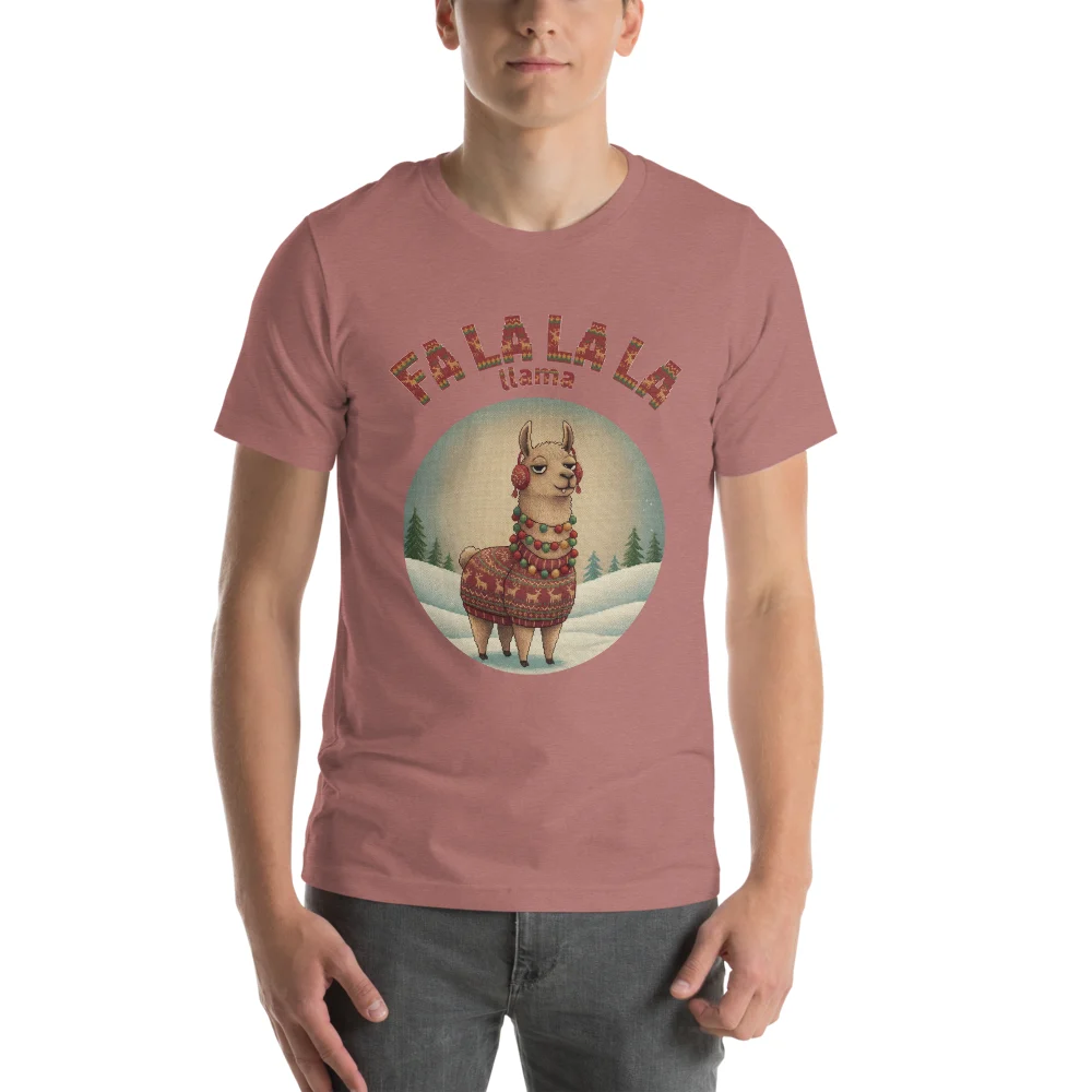 Fa La La La Llama Ugly Christmas Tee, Mauve model