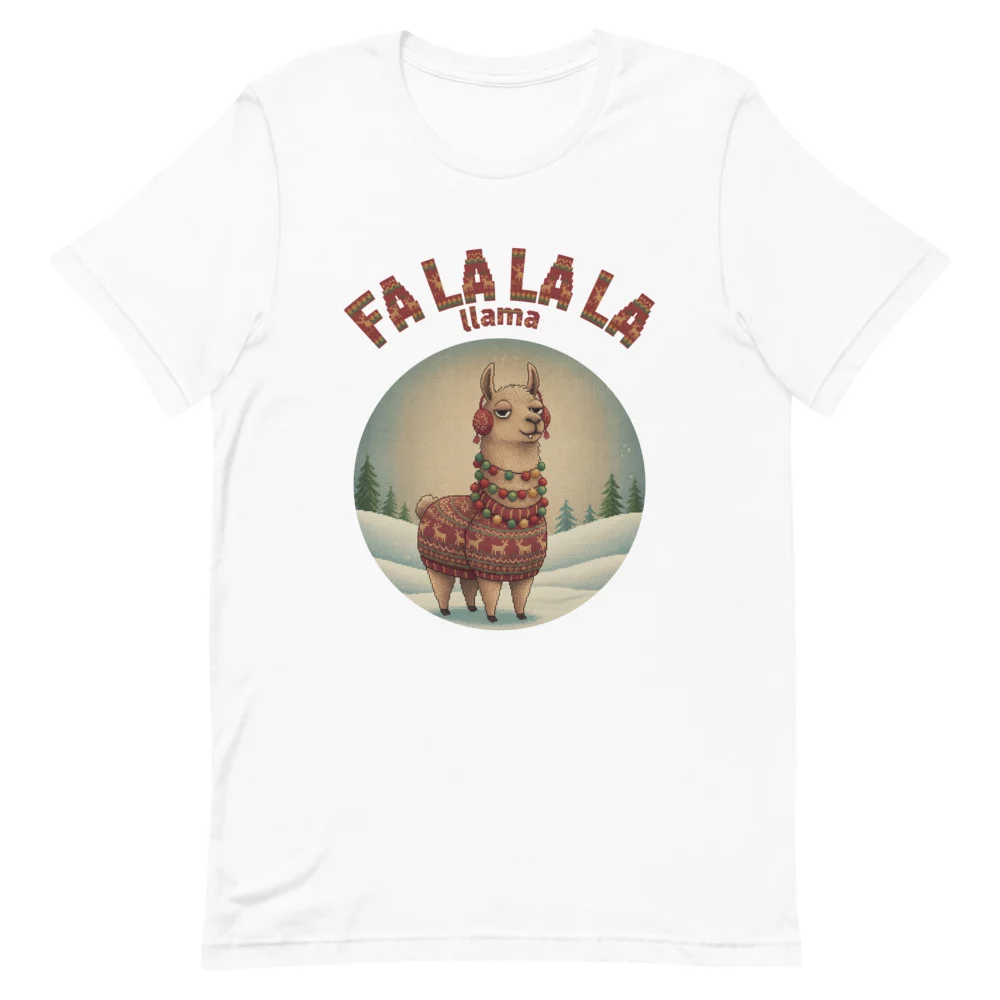 Fa La La La Llama Ugly Christmas Tee, Pure White flat
