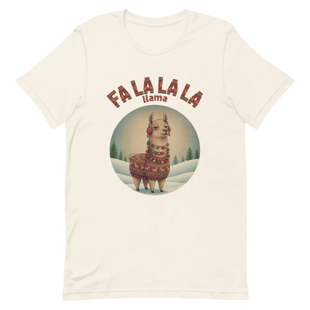 Fa La La La Llama Ugly Christmas Tee, Vintage White flat