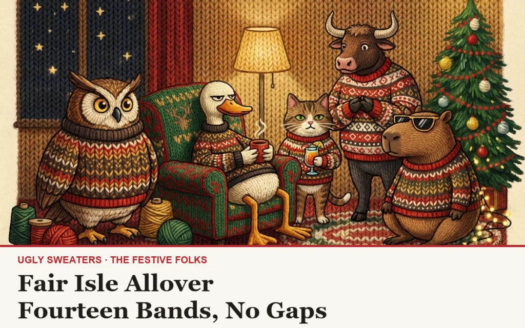 The Festive Folks cast in knitted illustration style, all wearing Fair Isle Allover Knitted Christmas Sweater