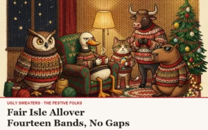 The Festive Folks cast in knitted illustration style, all wearing Fair Isle Allover Knitted Christmas Sweater