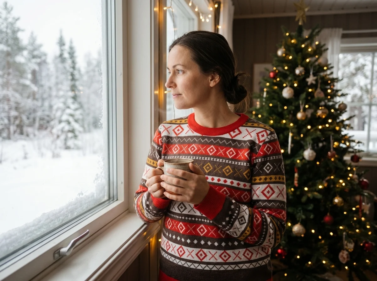 Fair Isle Allover Knitted Christmas Sweater worn at a Christmas gathering