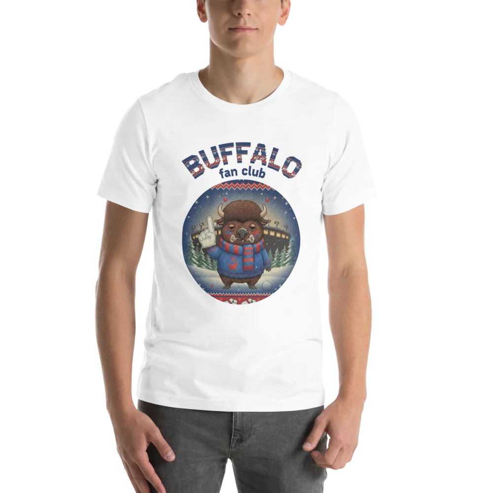 Buffalo football shirt, a knitted badge crest on a white tee