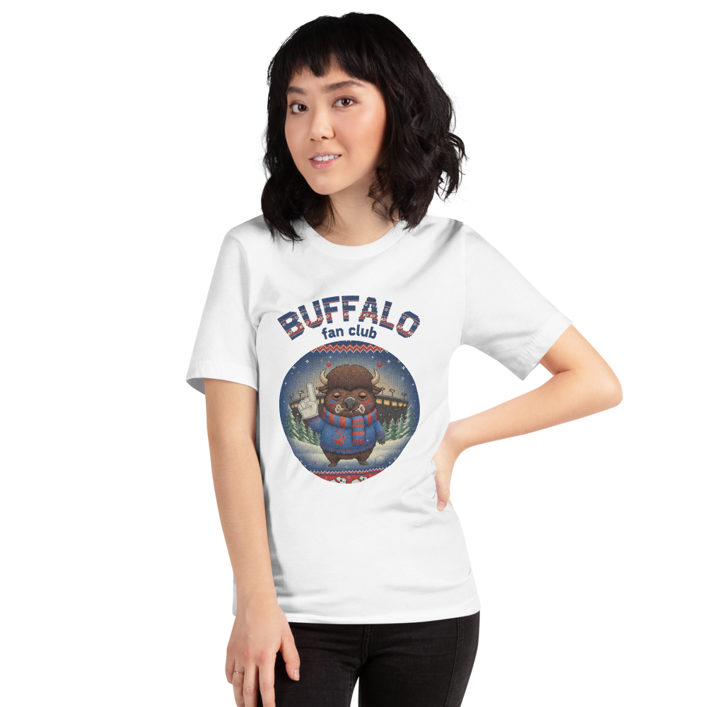 Buffalo football shirt on a woman, knitted badge crest on a white tee
