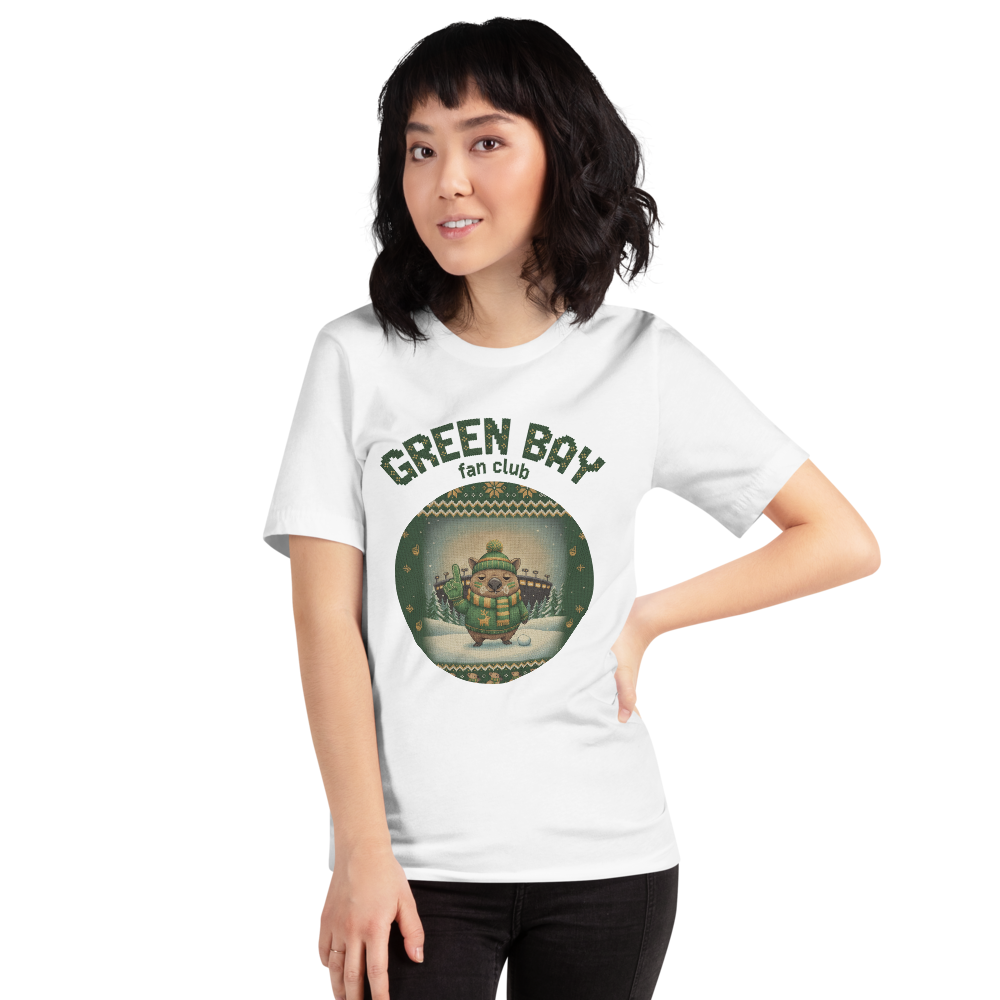 Green Bay football shirt on a woman, knitted badge crest on a white tee