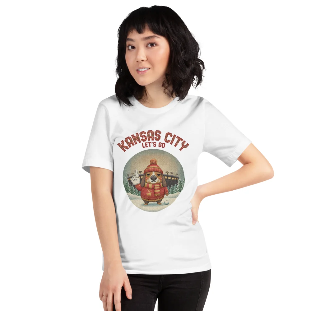 Kansas City football shirt on a woman, knitted badge crest on a white tee