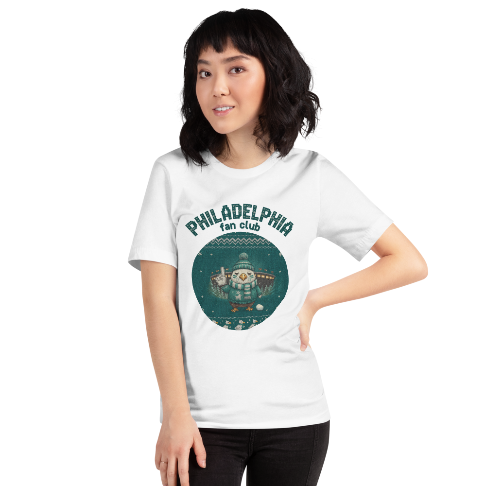 Philadelphia football shirt on a woman, knitted badge crest on a white tee