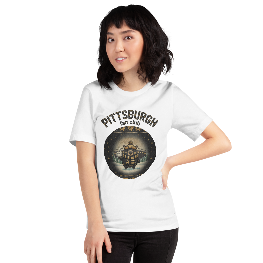 Pittsburgh football shirt on a woman, knitted badge crest on a white tee