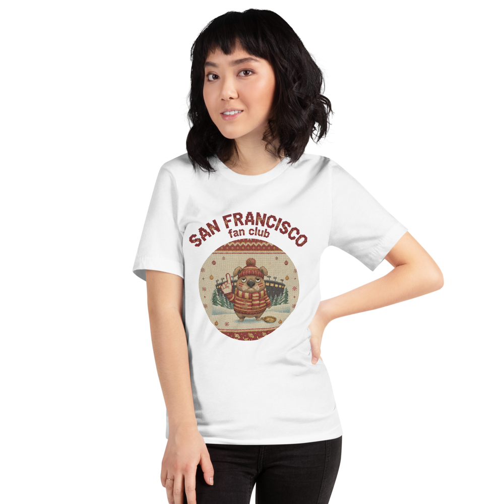 San Francisco football shirt on a woman, knitted badge crest on a white tee
