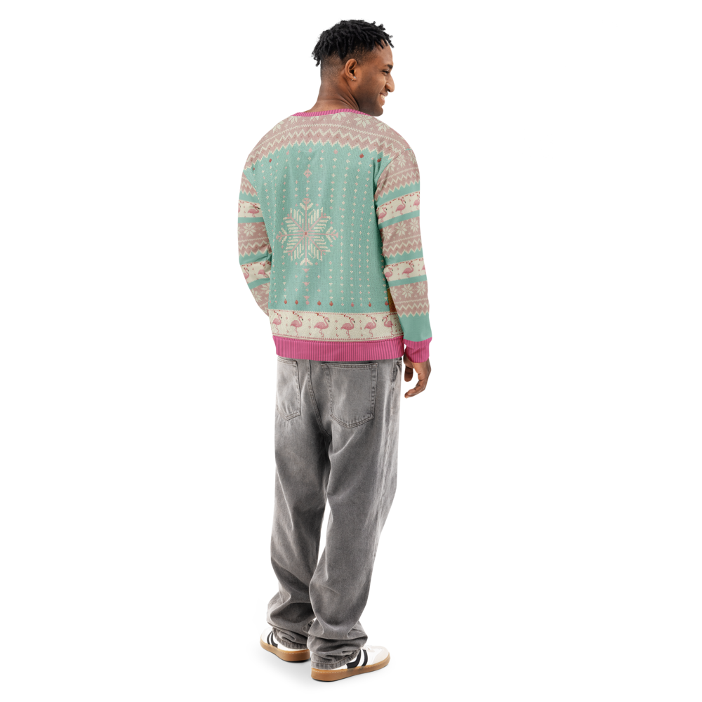 Flamingle Bells Ugly Christmas Sweatshirt, All-Over Print on male model, back