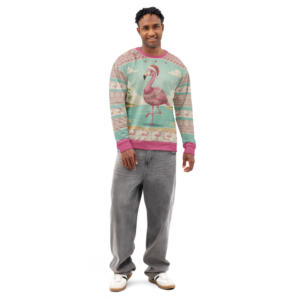 Flamingle Bells Ugly Christmas Sweatshirt, All-Over Print on male model, front