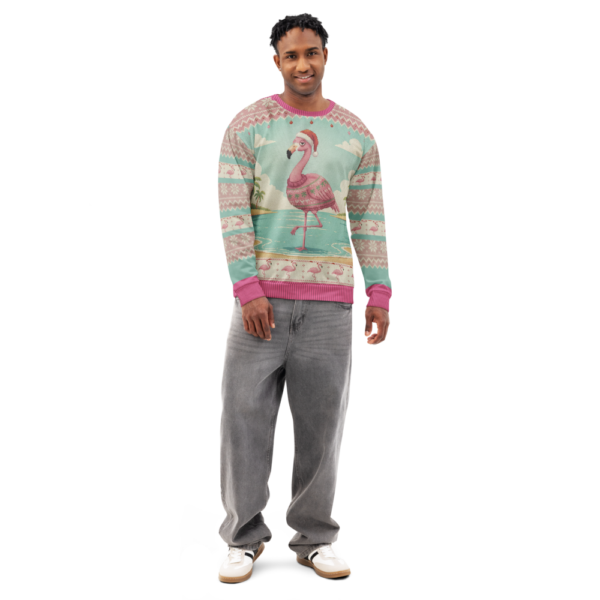 Flamingle Bells all-over-print sweatshirt on a model, front view