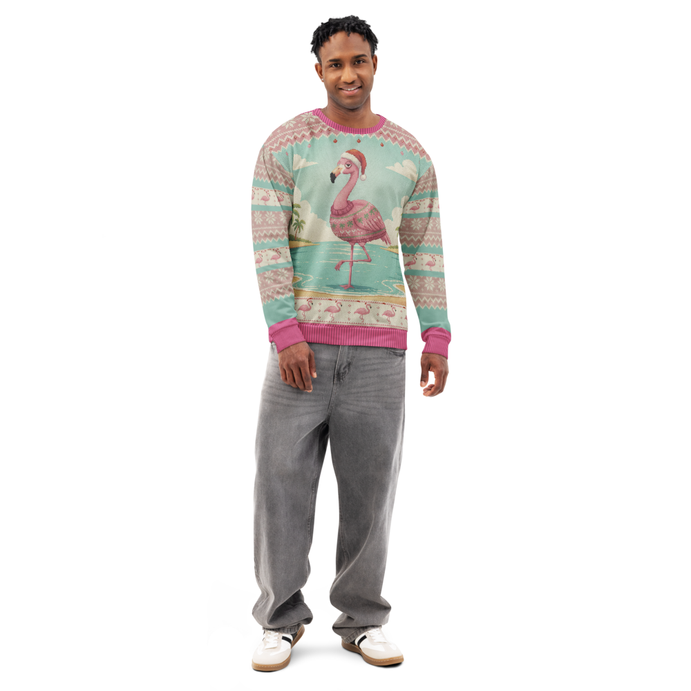 Flamingle Bells Ugly Christmas Sweatshirt, All-Over Print on male model, front