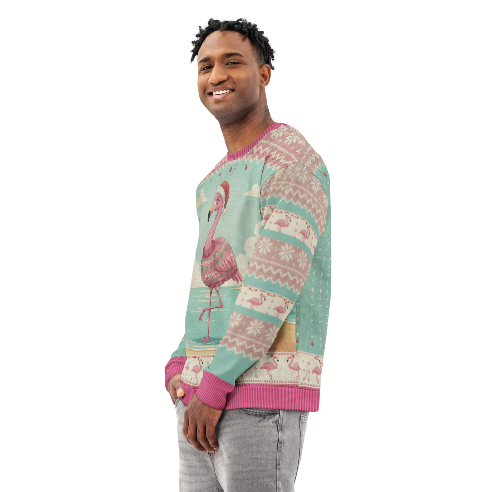 Flamingle Bells Ugly Christmas Sweatshirt, All-Over Print on male model, side