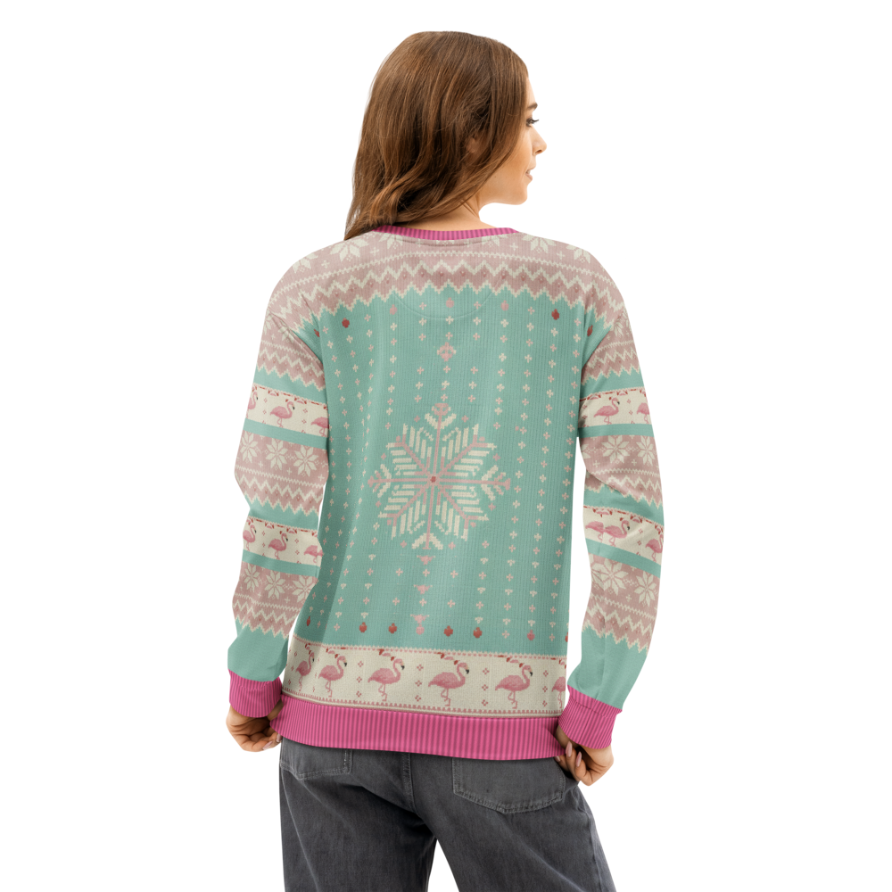 Flamingle Bells Ugly Christmas Sweatshirt, All-Over Print on female model, back