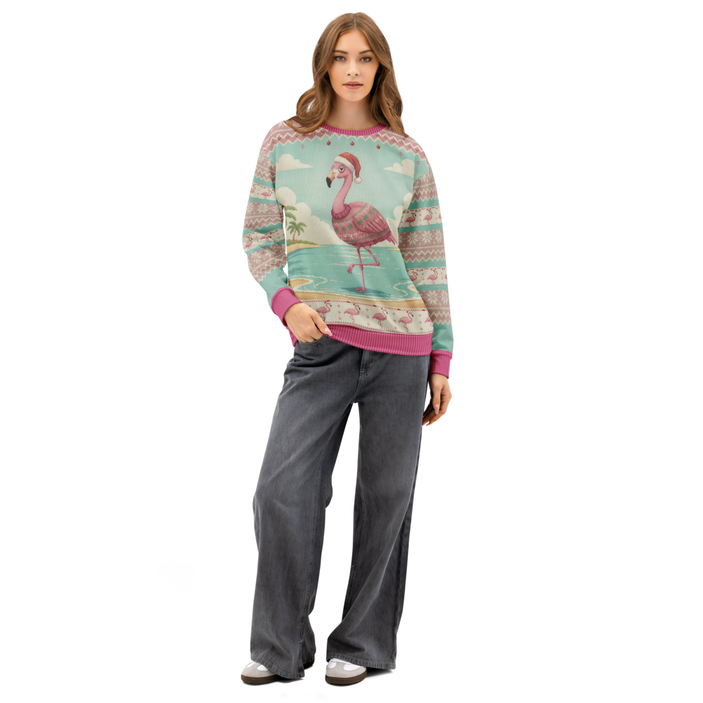 Flamingle Bells Ugly Christmas Sweatshirt, All-Over Print on female model, front