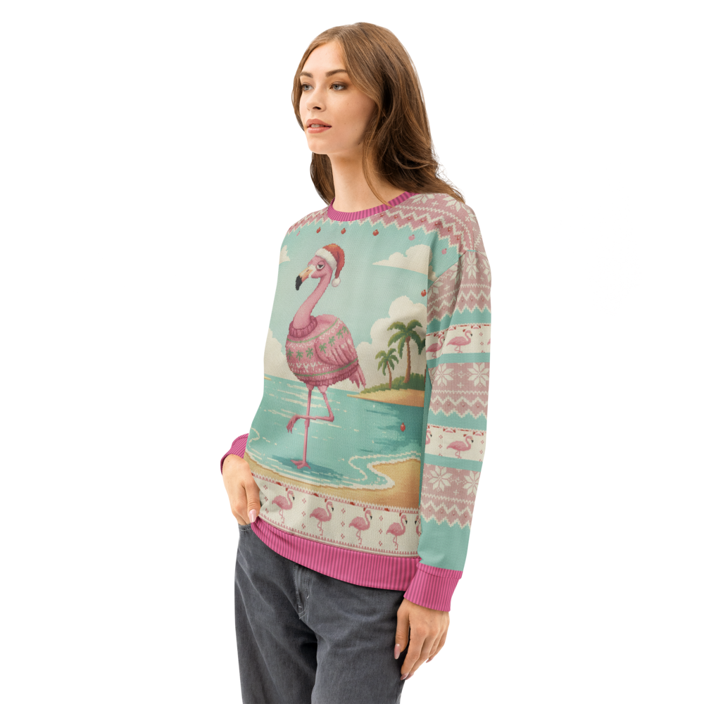 Flamingle Bells Ugly Christmas Sweatshirt, All-Over Print on female model, side