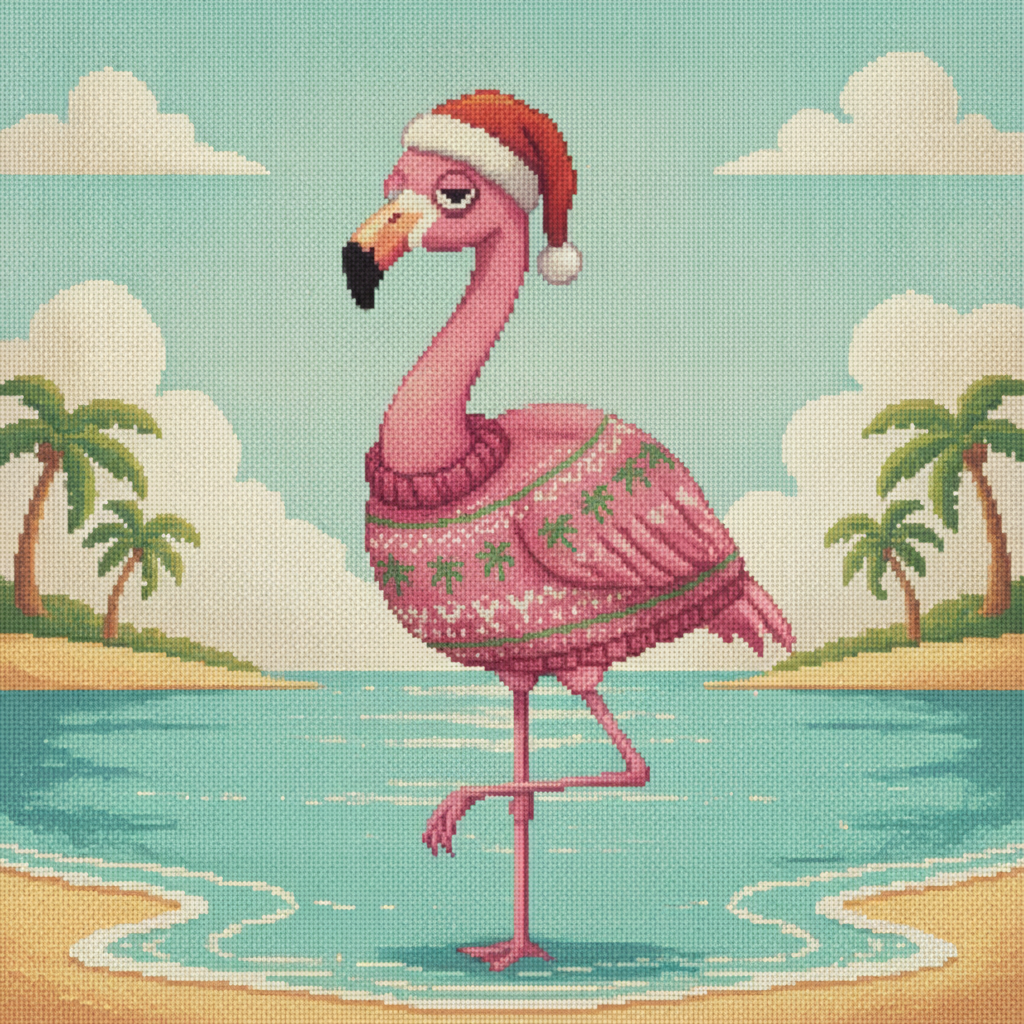 Flamingle Bells ugly Christmas sweater character art: a pink flamingo in a Santa hat standing on one leg in shallow turquoise water between palm trees