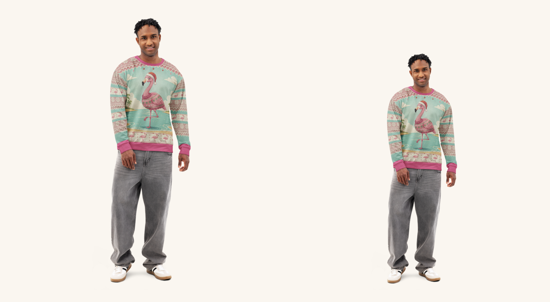 Flamingle Bells couples sweatshirt set on two models