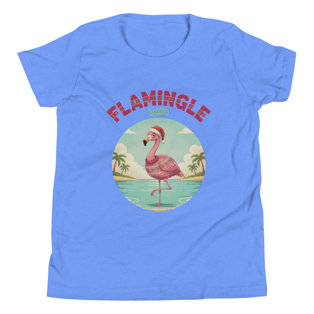 Flamingle Bells Kids' Ugly Christmas Tee — Blue flat