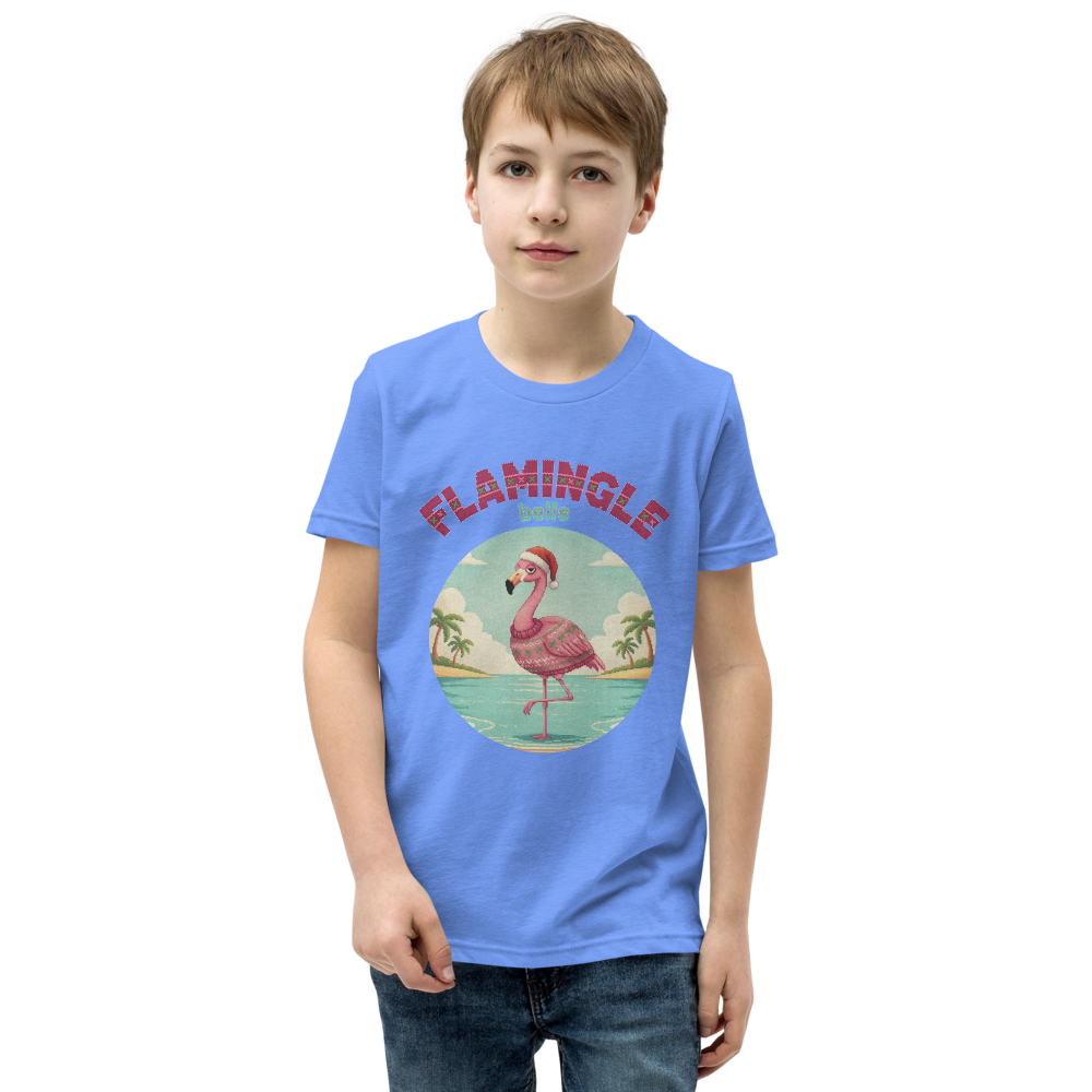 Flamingle Bells Kids' Ugly Christmas Tee — Blue model