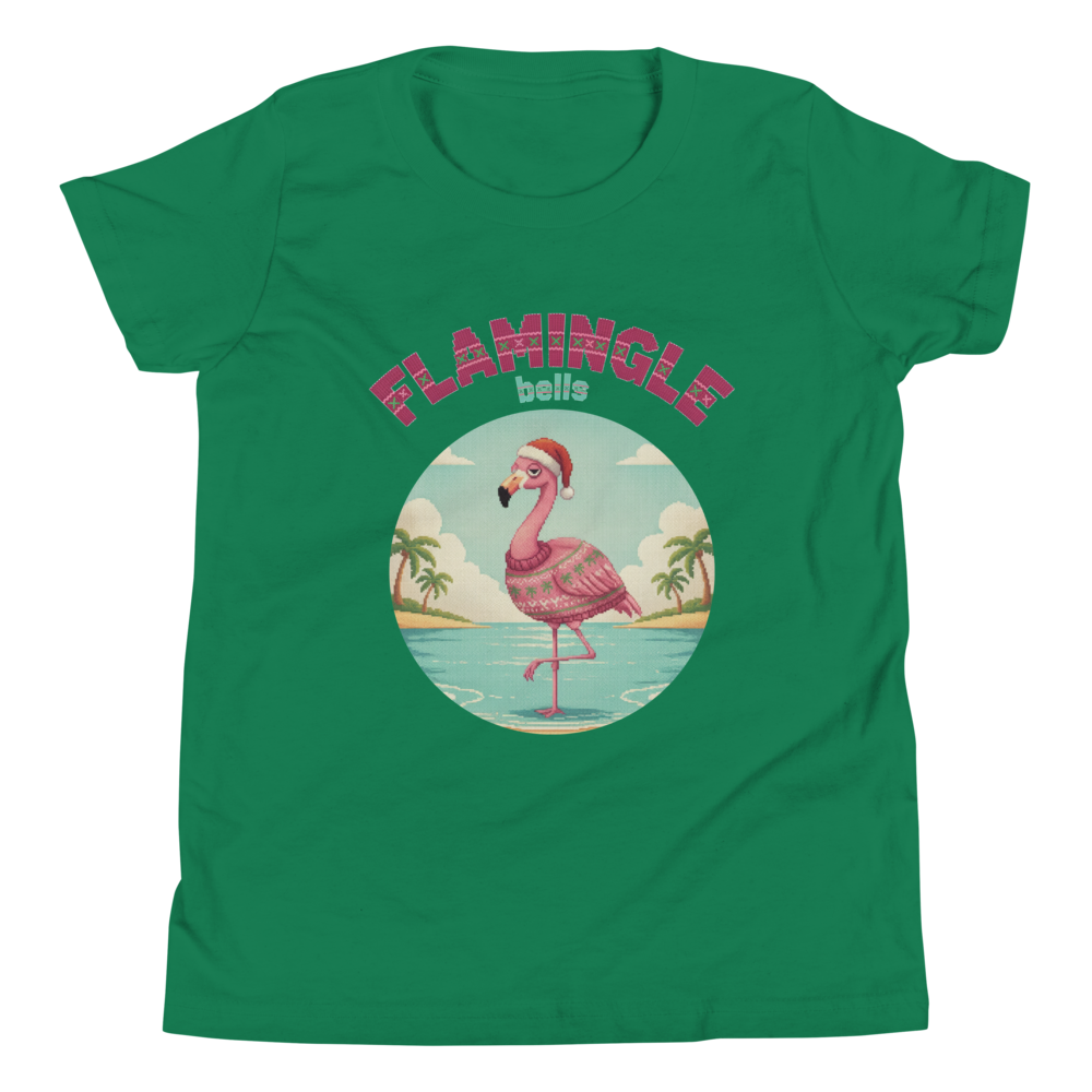 Flamingle Bells Kids' Ugly Christmas Tee — Green flat