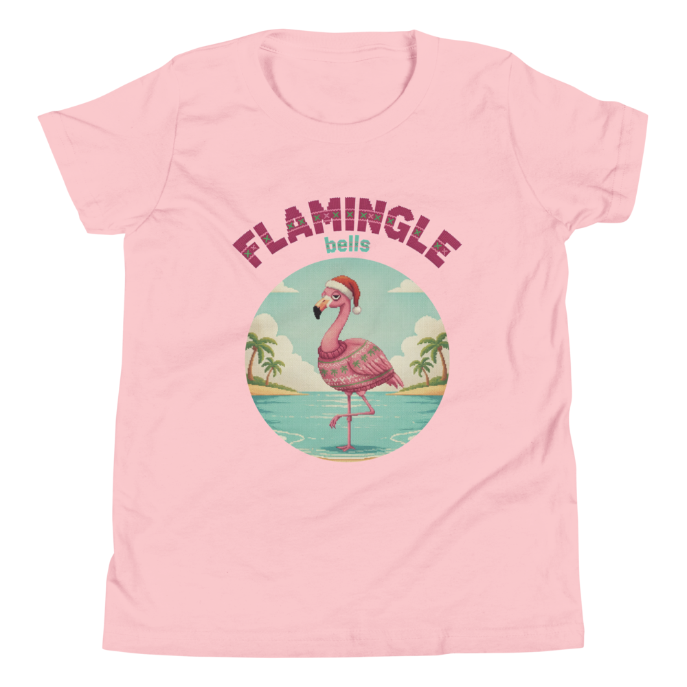Flamingle Bells Kids' Ugly Christmas Tee — Light Pink flat
