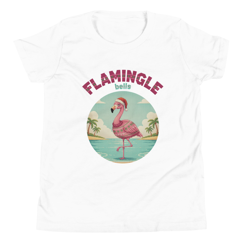 Flamingle Bells Kids' Ugly Christmas Tee — Pure White flat