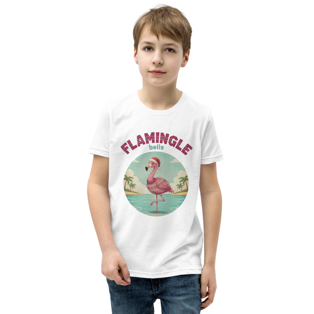Flamingle Bells Kids' Ugly Christmas Tee — Pure White model