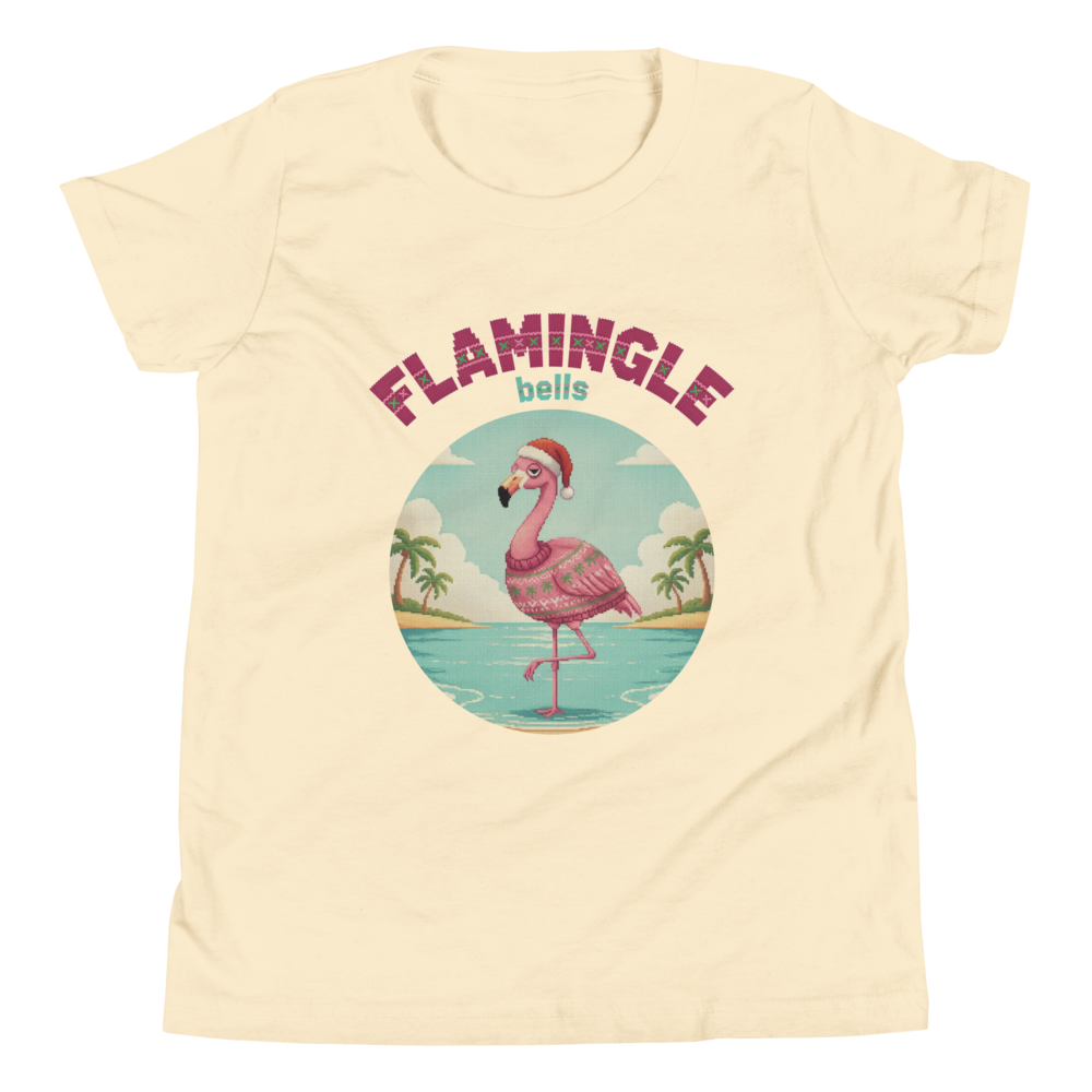 Flamingle Bells Kids' Ugly Christmas Tee — Vintage White flat