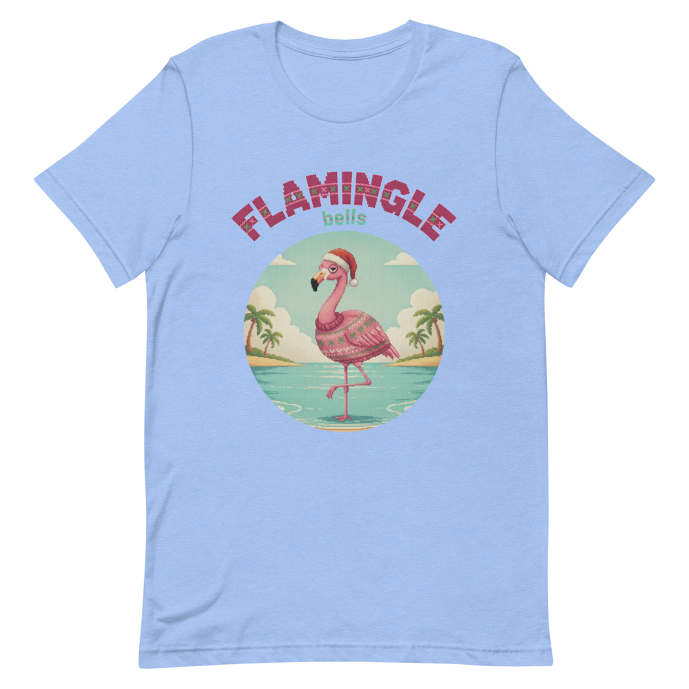 Flamingle Bells Ugly Christmas Tee โ Blue flat
