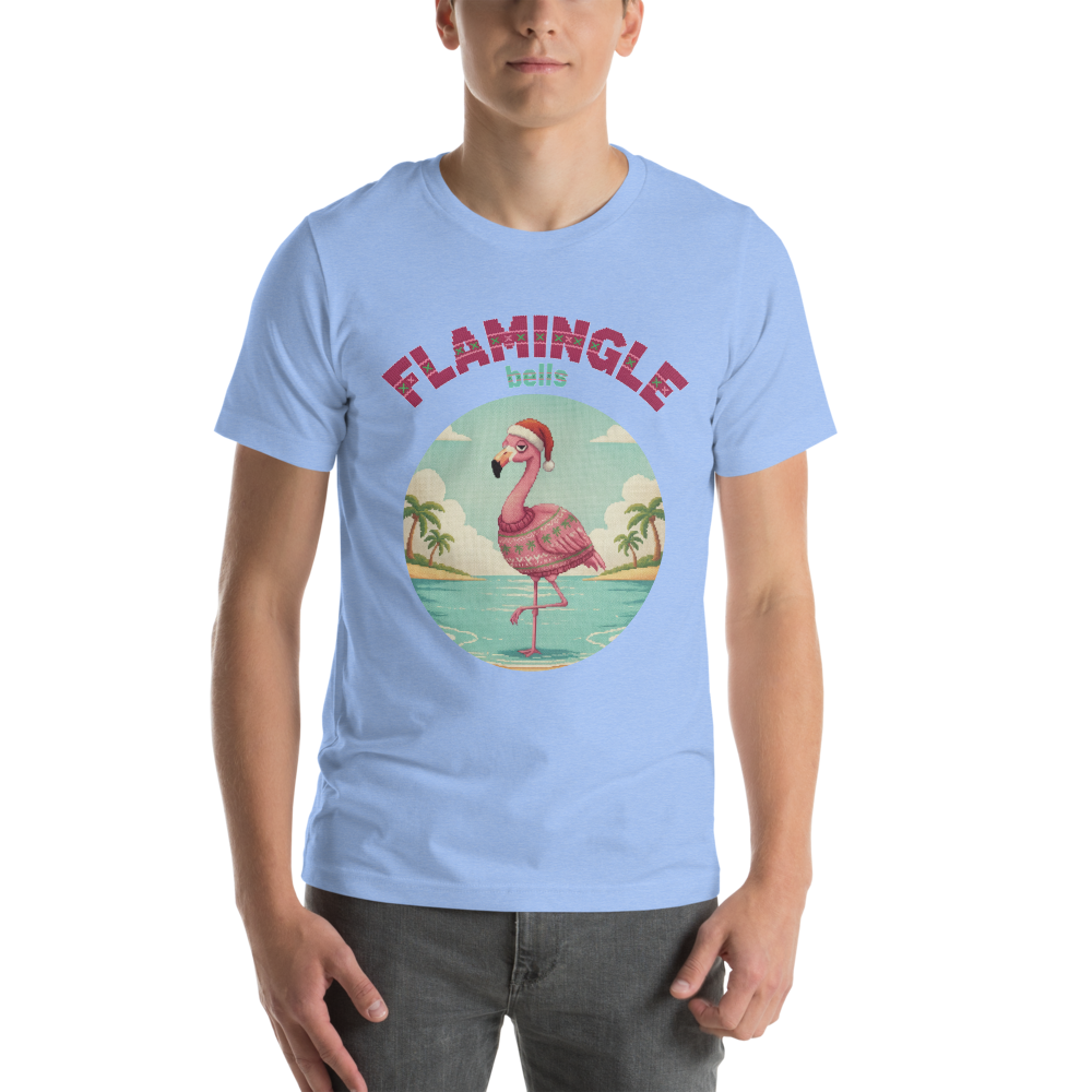 Flamingle Bells Ugly Christmas Tee โ Blue model