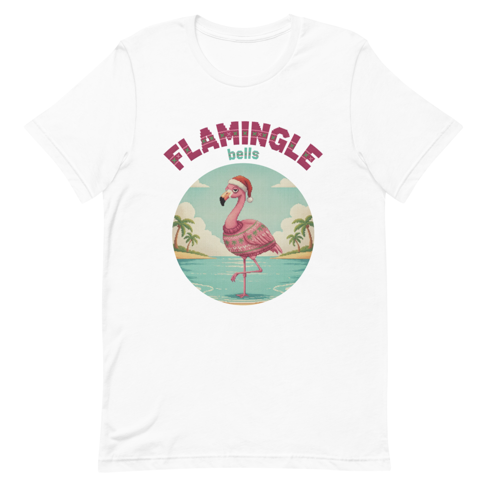 Flamingle Bells Ugly Christmas Tee โ Pure White flat