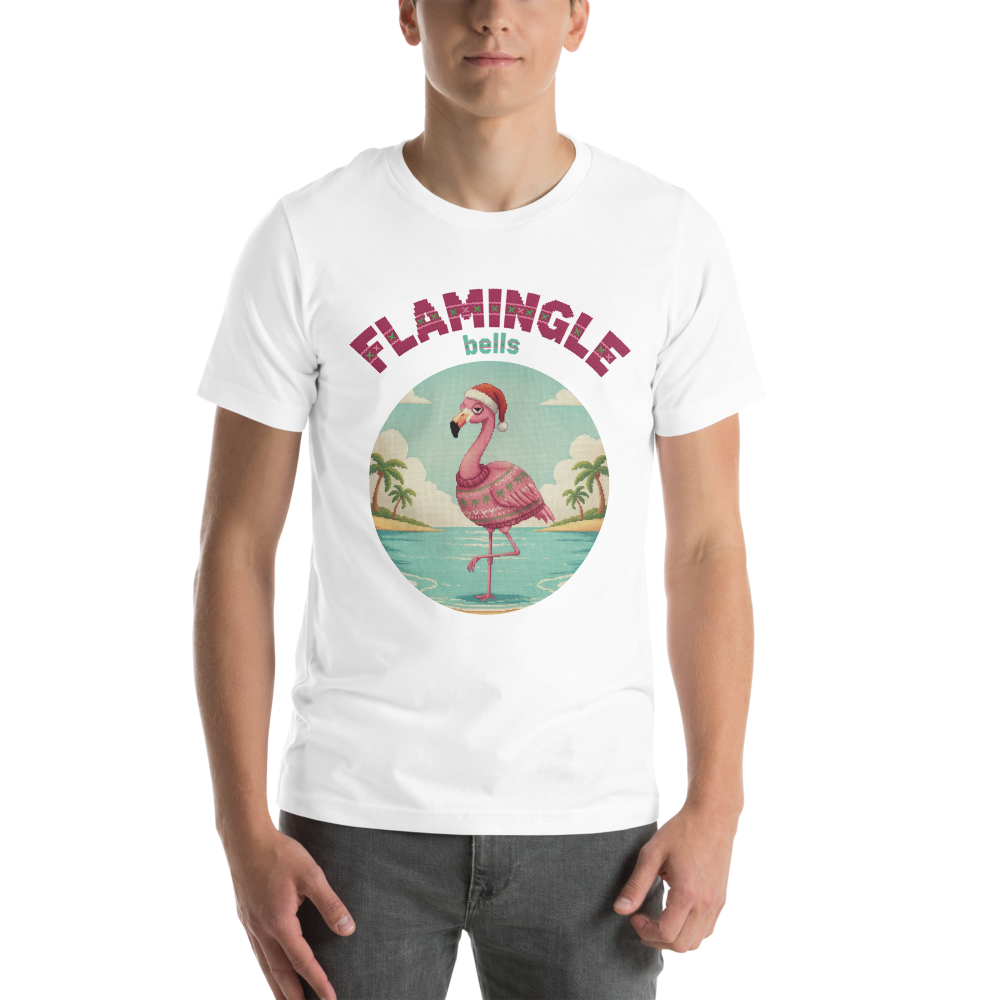 Flamingle Bells Ugly Christmas Tee โ Pure White model