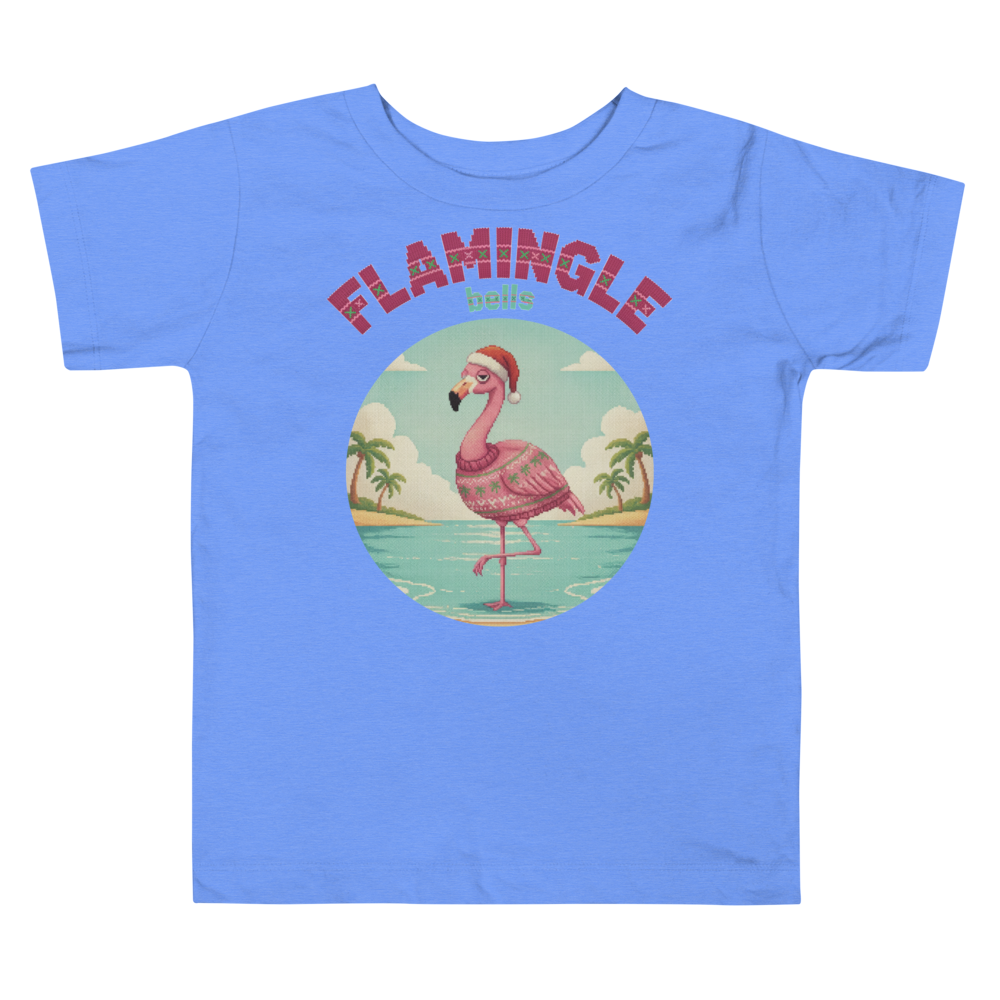 Flamingle Bells Toddler Ugly Christmas Tee โ Blue flat