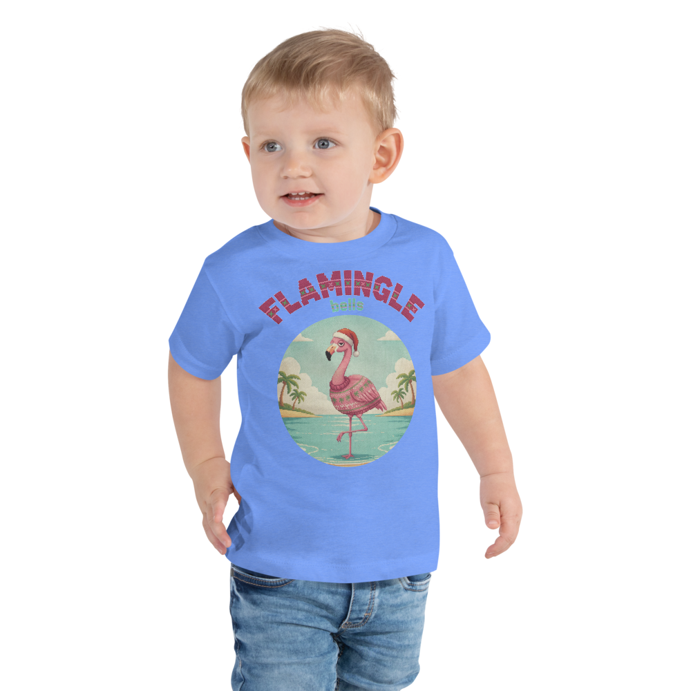 Flamingle Bells Toddler Ugly Christmas Tee โ Blue model