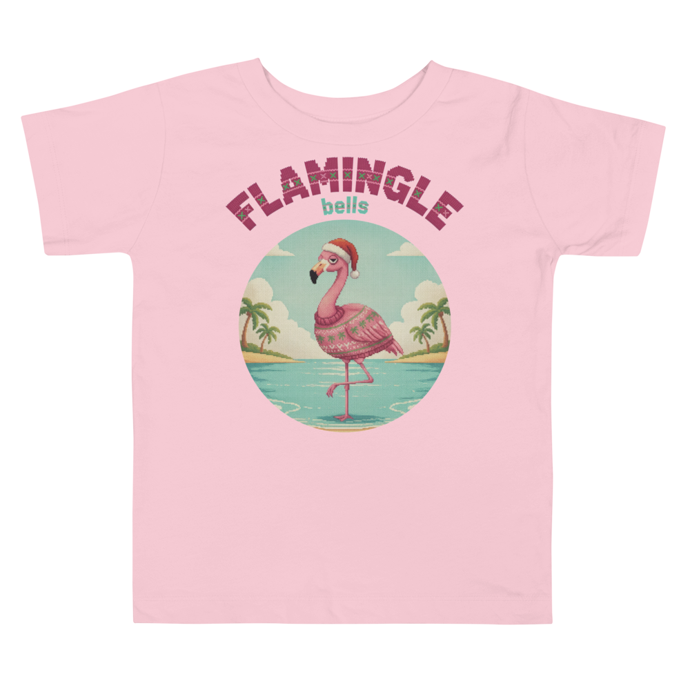 Flamingle Bells Toddler Ugly Christmas Tee โ Light Pink flat