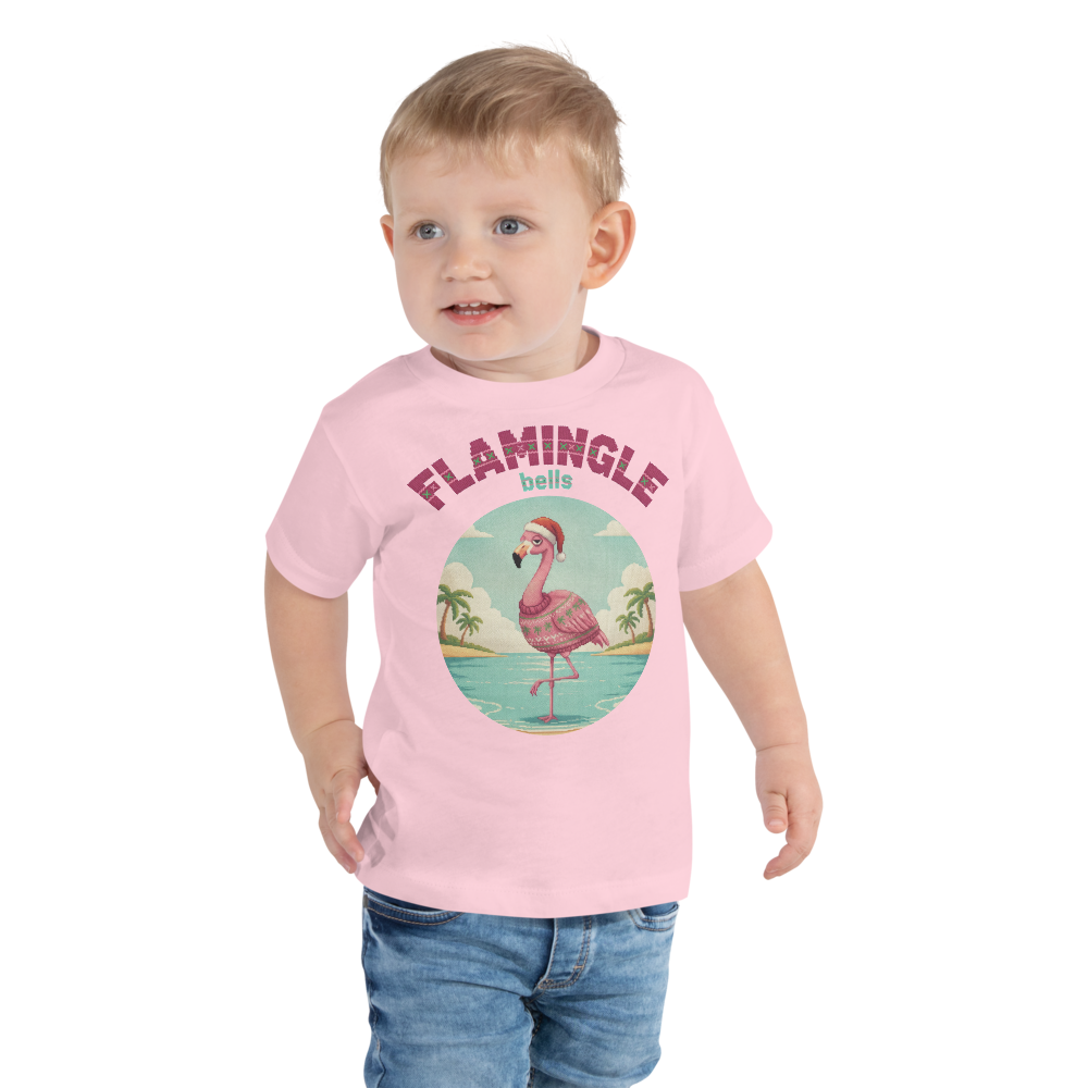 Flamingle Bells Toddler Ugly Christmas Tee โ Light Pink model