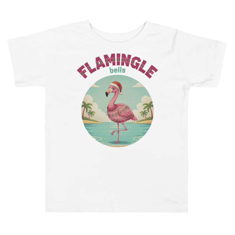 Flamingle Bells Toddler Ugly Christmas Tee โ Pure White flat