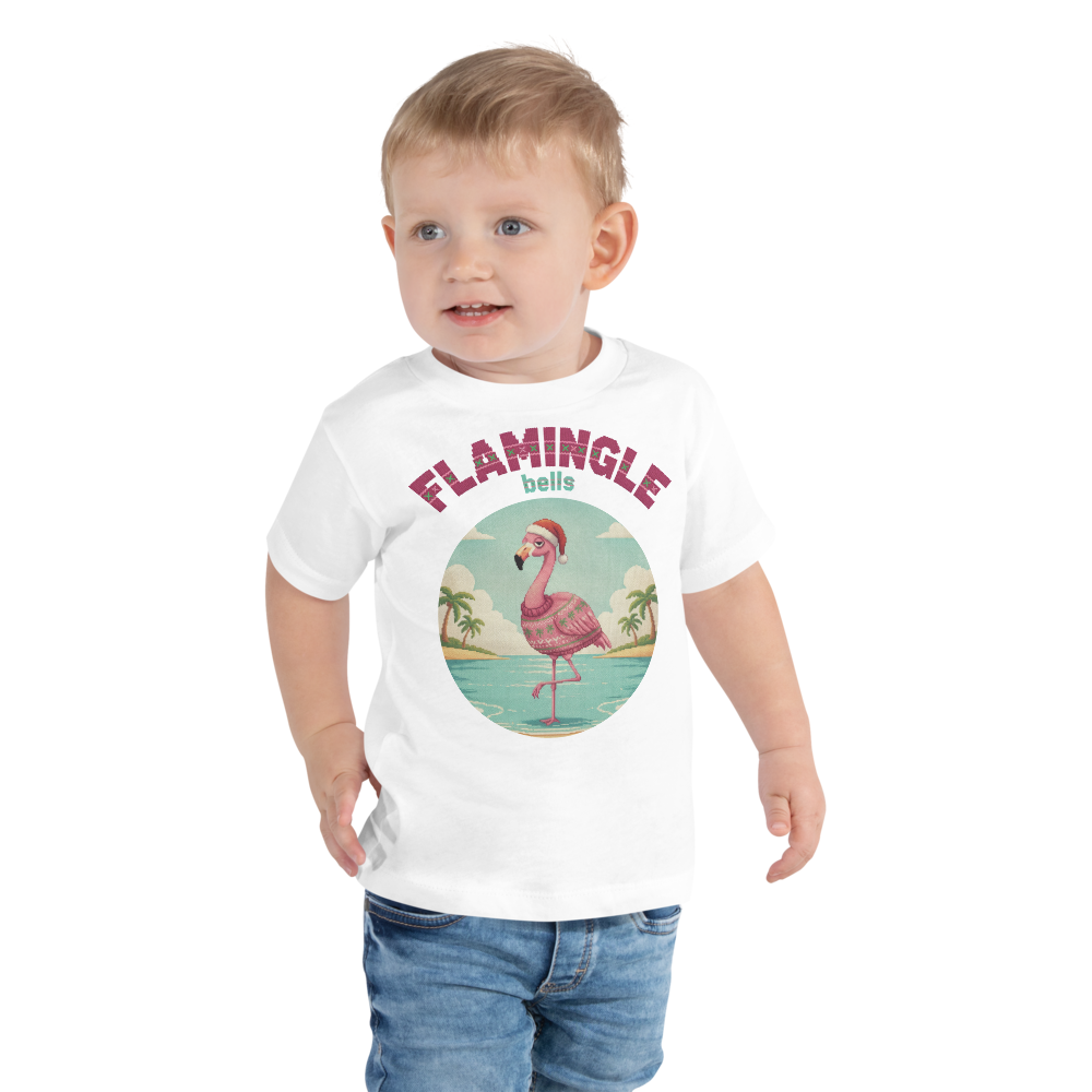 Flamingle Bells Toddler Ugly Christmas Tee โ Pure White model